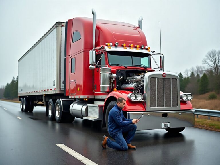 Heavy duty truck repair in Charlotte NC, mobile diesel technician working on a Class 8 semi truck engine on an interstate shoulder